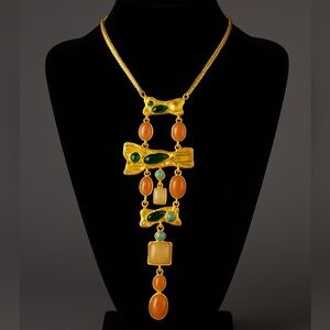 Vintage Gold Multi-Stone Statement Bib Necklace Green Coral Turquoise Accents